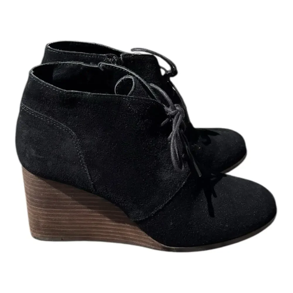 Lucky Brand Shylow Black Wedge Booties Size 10M Laces Zipper Leather Shoes Suede